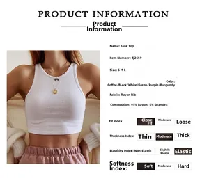Detail of ribbed knit texture and size chart for the white cotton crop tank top