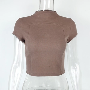 Detail of brown ribbed knit texture and mock neck on a slim fit cropped t-shirt