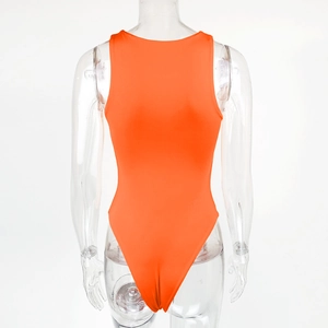 Back view of orange sleeveless bodysuit with deep scoop neck and high-cut leg on mannequin