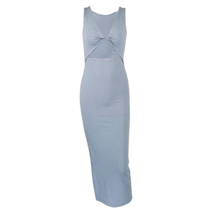 Slim fit light blue ribbed knit sleeveless midi dress with V-neck and twist cutout