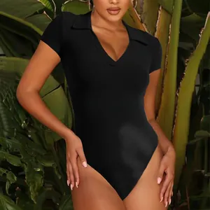 Detail of ribbed knit texture on black V-neck Polo collar bodysuit for summer wear