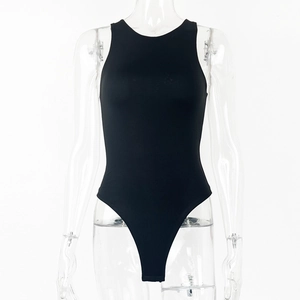 Close-up of black sleeveless bodysuit with high neck design on transparent model