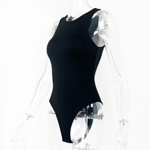 Side view of black sleeveless bodysuit with high-cut leg and crew neck on invisible model