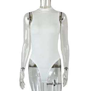 White ribbed knit sleeveless bodysuit featuring a mock neck and slim fit design