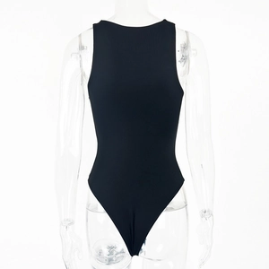 Close-up of seamless black sleeveless bodysuit with high-cut leg and slim fit design