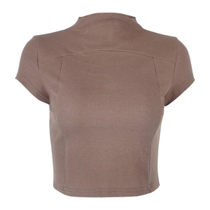 Slim fit mocha brown ribbed crop top with mock neck and contrast stitching details