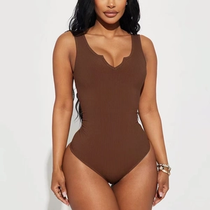 Justaucorps Côtelé Sexy pour Femme Col en V Sans Manches Coupe Ajustée Débardeur en Maille de Rayonne Élasthanne Couleur Unie