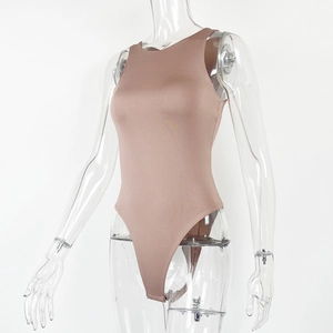 Detail of nude bodysuit made of high-stretch silky fabric with a sleeveless crew neck cut