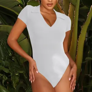 Detail of white ribbed knit cotton bodysuit featuring a polo collar and V-neckline