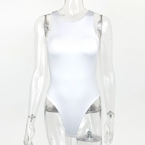 Close-up of white sleeveless bodysuit featuring a crew neck and high-cut leg opening