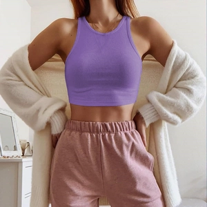 Women Sexy Ribbed Knit Crop Top Halter Neck Sleeveless Slim Fit Rayon Spandex Tank Top Summer Basic Solid Color Ribbed Top