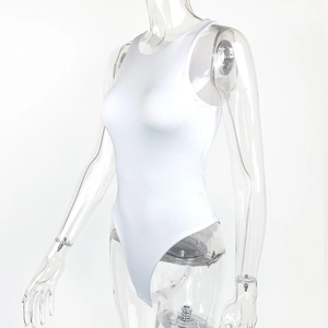 Close-up of white high-neck sleeveless bodysuit featuring stretchy ribbed fabric and slim fit
