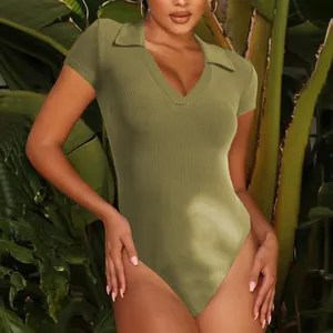 Detail of olive green ribbed bodysuit showing the V-neck polo collar and knit texture