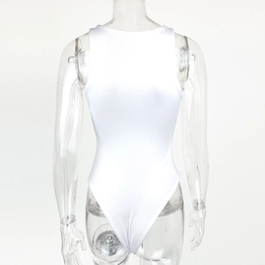 Rear view of white sleeveless bodysuit on transparent mannequin showing snug fit and high elasticity