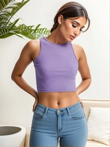 Slim fit purple ribbed knit crop top and sleeveless tank top for women in casual style
