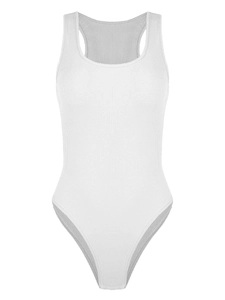 Detailed close-up of white ribbed knit fabric texture on a slim fit sleeveless bodysuit