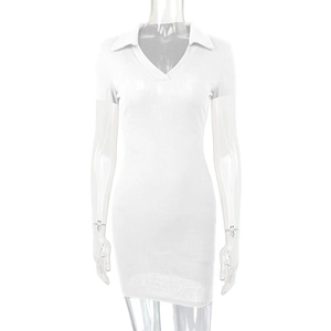 Detail of white ribbed knit dress featuring a classic polo collar and deep V-neckline