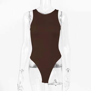 Detail view of coffee brown sleeveless bodysuit made from high-stretch matte fabric