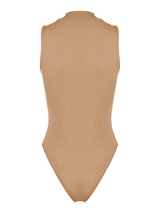 Back view of a khaki ribbed knit sleeveless bodysuit featuring a slim fit and high neckline