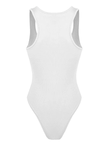 Rear view of white ribbed knit bodysuit featuring racerback design and elastic fabric texture