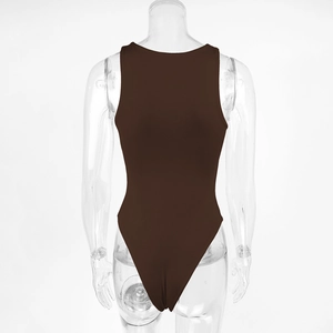 Detail view of the back of a deep brown sleeveless bodysuit with high-cut design