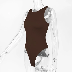 Detail view of dark brown sleeveless bodysuit with double-layer stretch fabric on mannequin