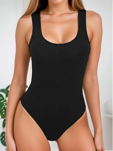 Front view of black ribbed bodysuit featuring a scoop neck and sleeveless slim fit