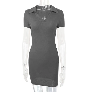 Detail of ribbed knit texture on a dark grey short sleeve V-neck bodycon dress