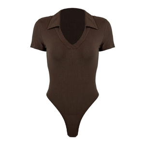 Slim fit dark brown ribbed cotton polo collar bodysuit with V-neckline for women