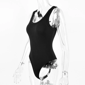 Close-up of black ribbed knit fabric and sleeveless U-neck cut of the fitted bodysuit