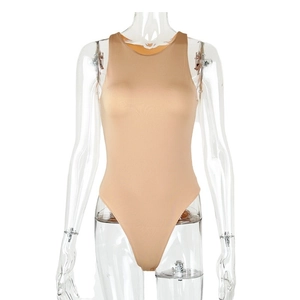 Sleeveless nude round neck bodysuit for women featuring seamless high-stretch knit fabric