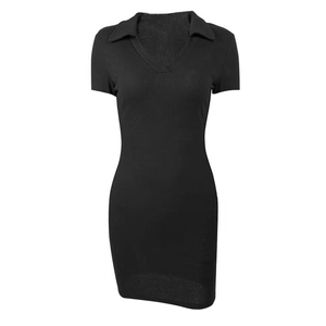 Women's black rib-knit bodycon dress with short sleeves, deep V-neck and polo collar style