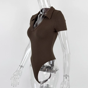 Detail of ribbed knit fabric on brown short sleeve bodysuit with V-neck polo collar
