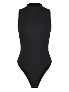 Detailed close-up of a black sleeveless ribbed knit mock neck bodysuit for women