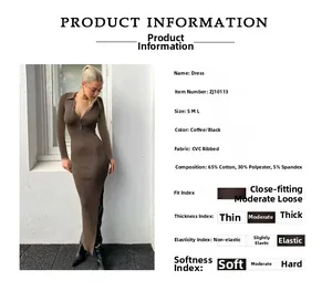 Detail von kaffeebraunem Rippstrick-Maxikleid mit Polokragen, Knöpfen und Schlitz