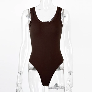 Close-up of dark brown ribbed bodysuit fabric with round neck and sleeveless cut