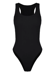 Detailed view of black ribbed knit bodysuit featuring sleeveless design and scoop neckline
