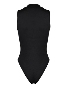 Detail of black ribbed knit bodysuit showing the high neck sleeveless back texture