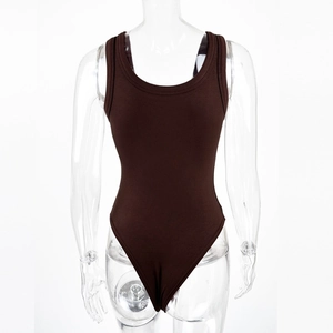 Detailed close-up of dark brown ribbed bodysuit fabric with U-neck and wide straps