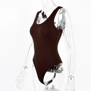 Side view of dark brown ribbed knit sleeveless bodysuit with a high-cut leg on a mannequin