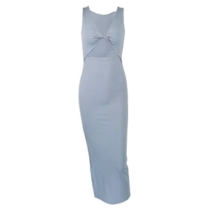 Detail of light blue ribbed knit dress featuring a front twist knot and V-neck cutout design