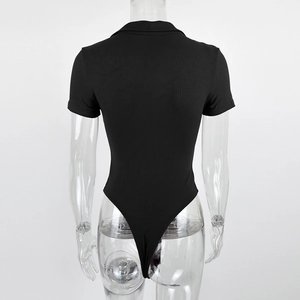 Rear view of black short sleeve ribbed cotton bodysuit with slim fit polo neck detail