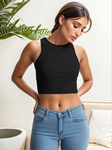 Close-up of black ribbed cotton crop top with slim fit and sleeveless silhouette