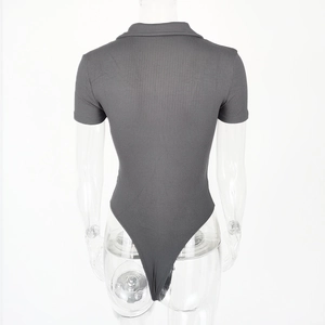 Rear view of dark grey ribbed knit short sleeve bodysuit with polo collar details