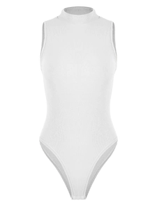 Close-up of white rib-knit mock neck sleeveless bodysuit showing textured fabric