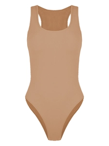 Chic light coffee ribbed bodysuit for women with sleeveless U-neck and high-cut slim fit