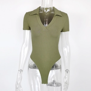 Detail view of military green ribbed knit bodysuit with polo collar and slim fit v-neckline