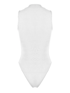 Detailed close-up of white ribbed sleeveless bodysuit with high neck and knit texture