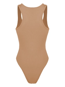 Detail of racerback bodysuit in brown ribbed knit fabric with high-cut leg design