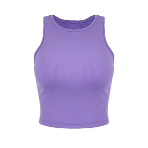 Purple ribbed cotton crop top for women featuring a slim fit and sleeveless design